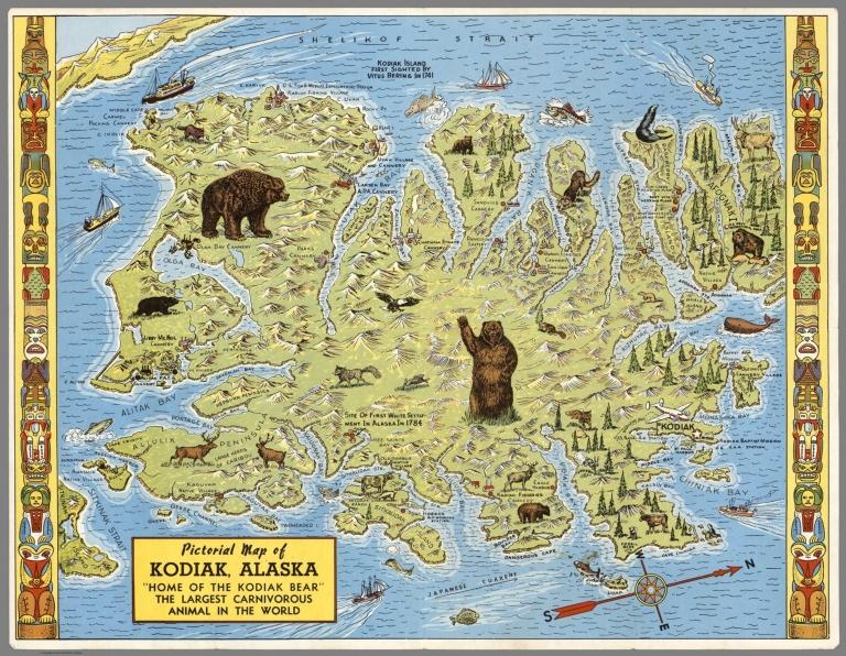Pictorial Map of Kodiak, Alaska. "Home of the Kodiak Bear", The Largest Carnivorous Animal in the World.